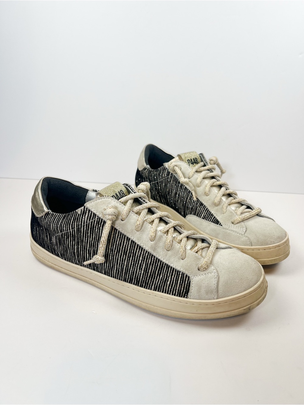 P448 John Swing Sneakers Black Gold Metallic Stripe size 42 / Women’s 11.5-12